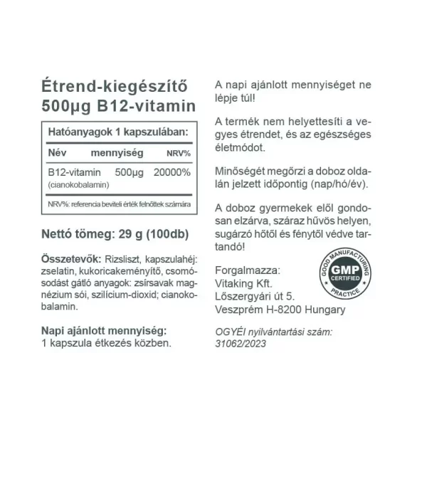 Vitaking B-12 vitamin (100 kapszula) 500µg