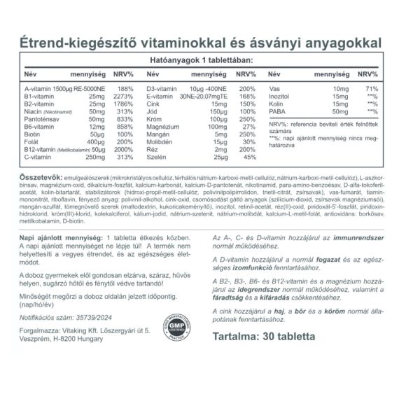 Vitaking Mega1 multivitamin - magas hatóanyagtartalommal