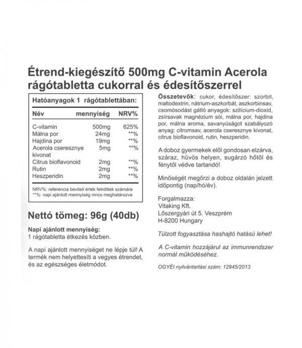 Acerola C-vitamin rágótabletta 500mg - Málnás ízben - Vitaking