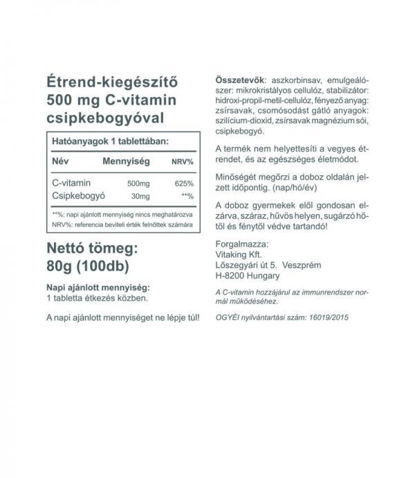 Vitaking C-vitamin 500mg (100 tablatta) 30 mg csipkebogyóval