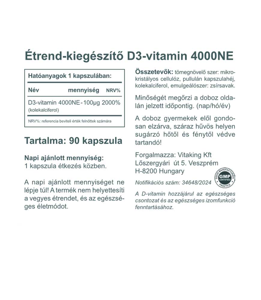 D3-vitamin 4000NE hatóanyag-tartalmú kapszula - Vitaking