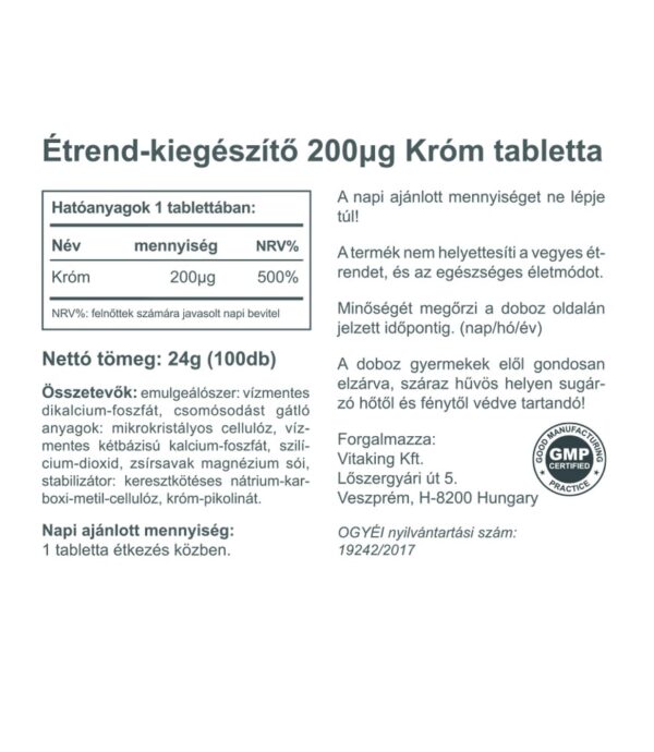 Króm Pikolinát tabletta (200µg) 100 db