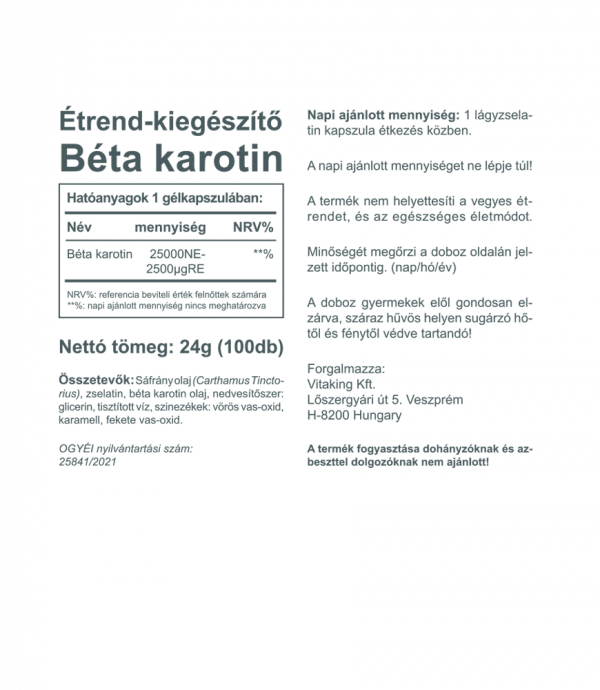 Vitaking Béta Karotin 25000NE (100 gélkapszula)