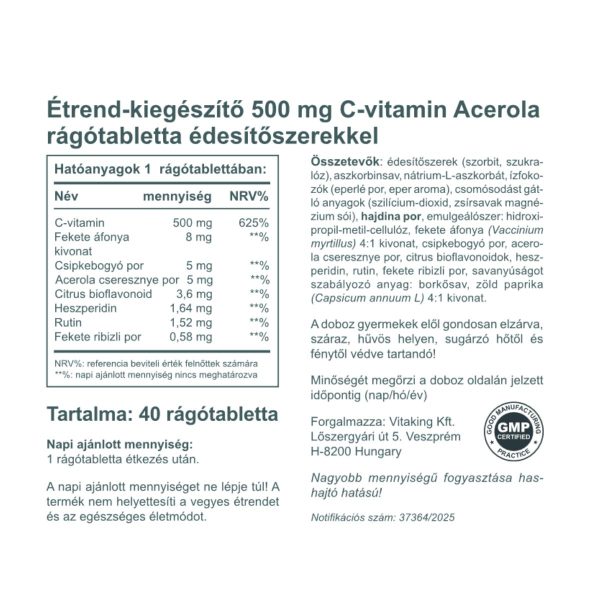 Acerola C-500 c-vitamin rágótabletta acerolával, bioflavonoidokkal