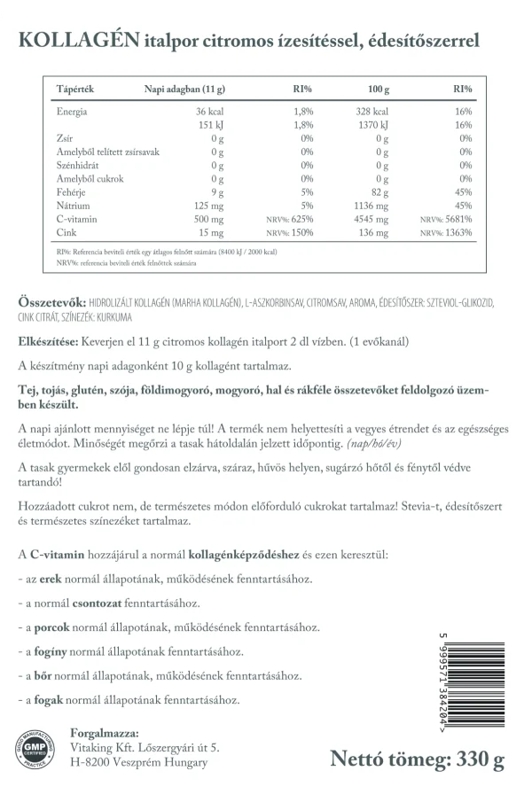 Vitaking Hidrolizált Marhakollagén 330g (citrom íz)