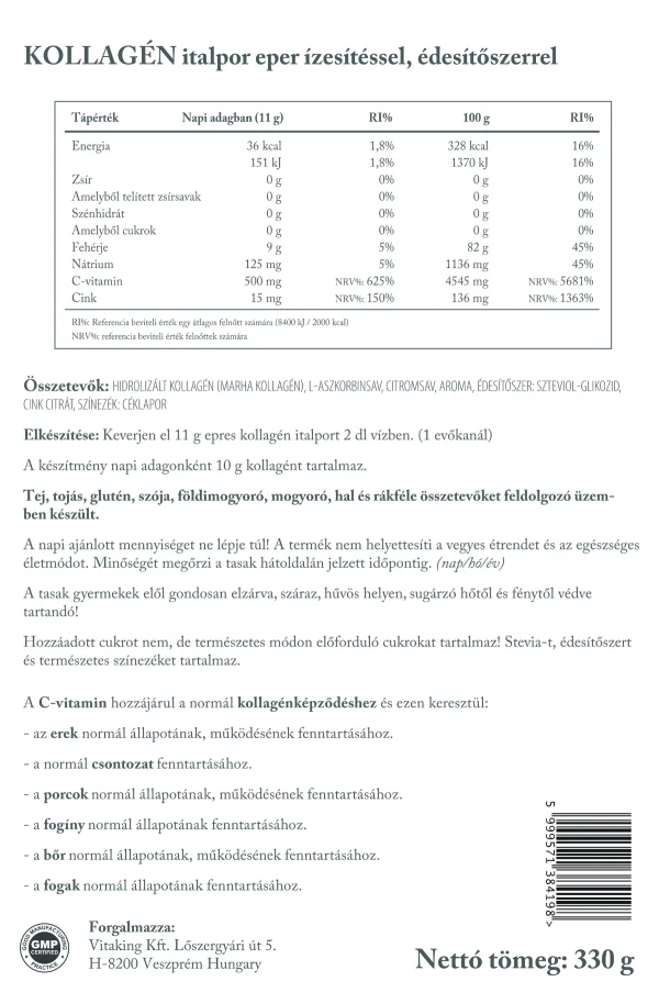 Vitaking Hidrolizált Marhakollagén 330g (eper íz)