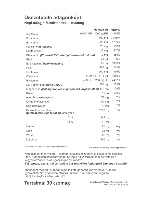 365 Multivitamin Paleo csomag: Vitaminok (+ extra K2 és D3 vitamin) Omega-3, Spirulina alga és szerves magnézium biszglicinát.