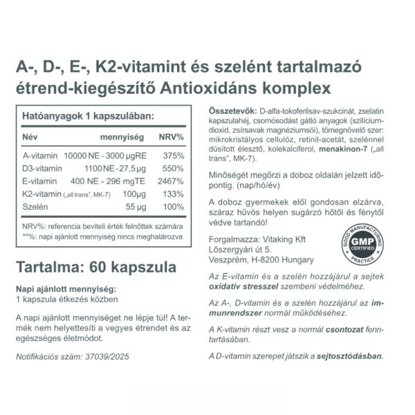 Antioxidáns Komplex – A-, D3-, E-, K2-vitamin és szelén. Sejtvédelem, immunrendszer és egészséges csontok támogatása egy kapszulában!