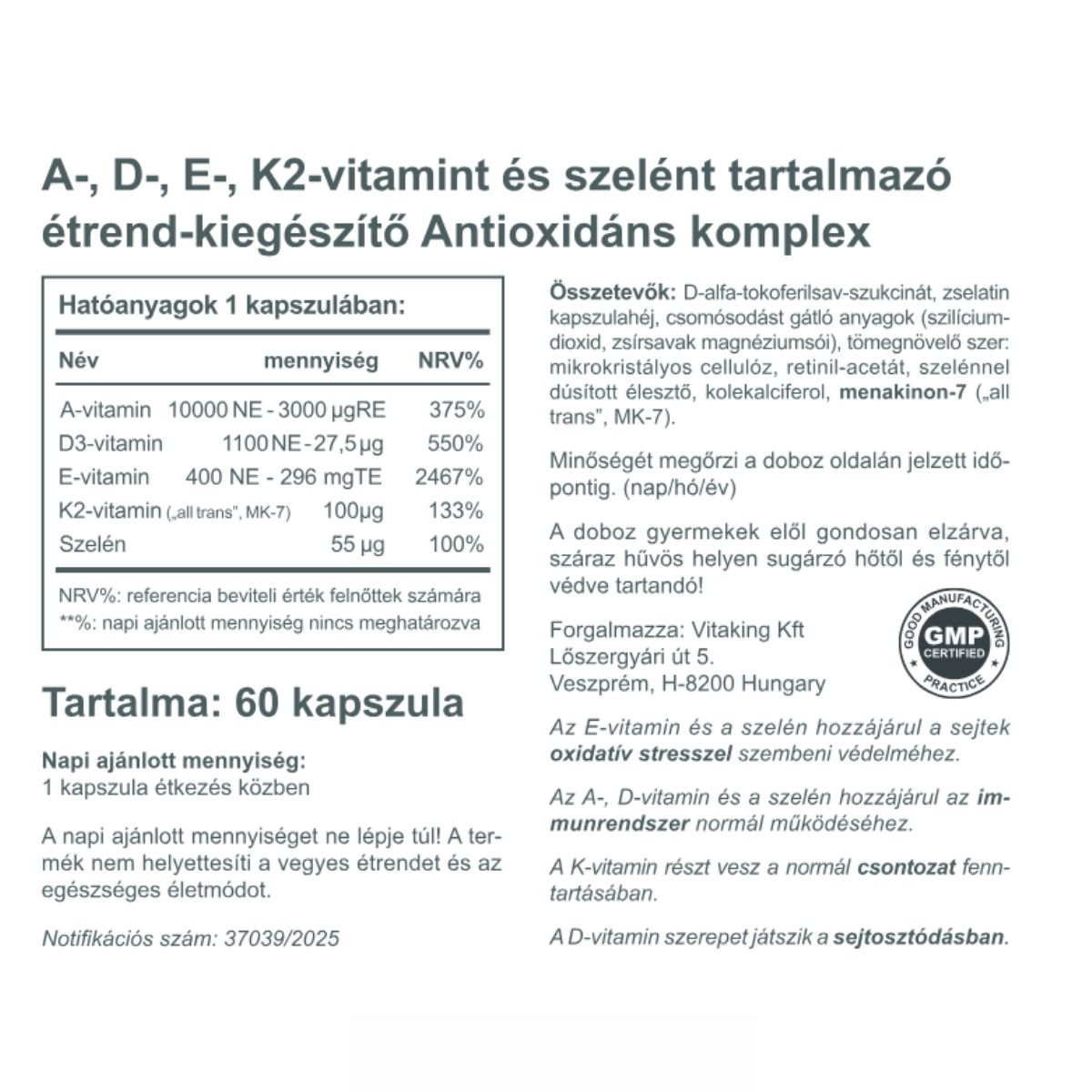 Antioxidáns Komplex – A-, D3-, E-, K2-vitamin és szelén. Sejtvédelem, immunrendszer és egészséges csontok támogatása egy kapszulában!