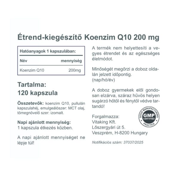 Vitaking Q-10 koenzim 200mg (120), növényi fermentációval előállított Q10, Q10 MCT olajjal