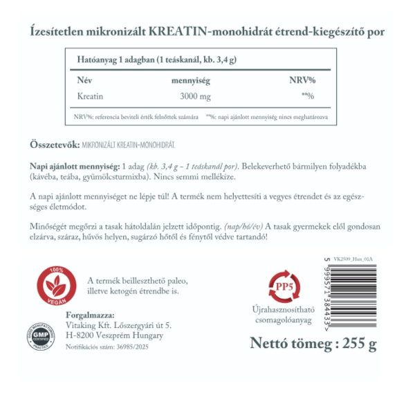 Vitaking Kreatin monohidrát por 255 g (újrahasznosítható csomagolás)